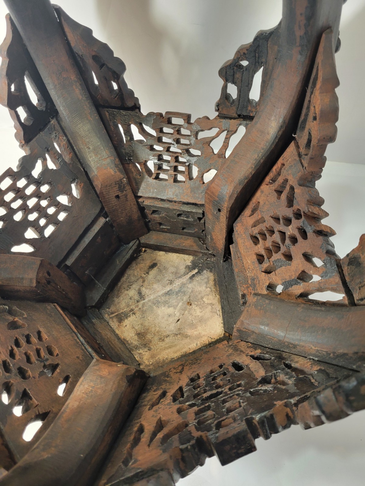 Dark Brown Wood Asian Carved Floral Hexagonal Pedestal Accent Table 14″ H