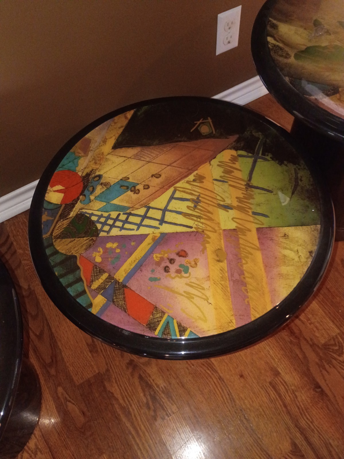 Set of 3 80’s Black Lacquer Mushroom Nesting Tables Abstract Art Tops.