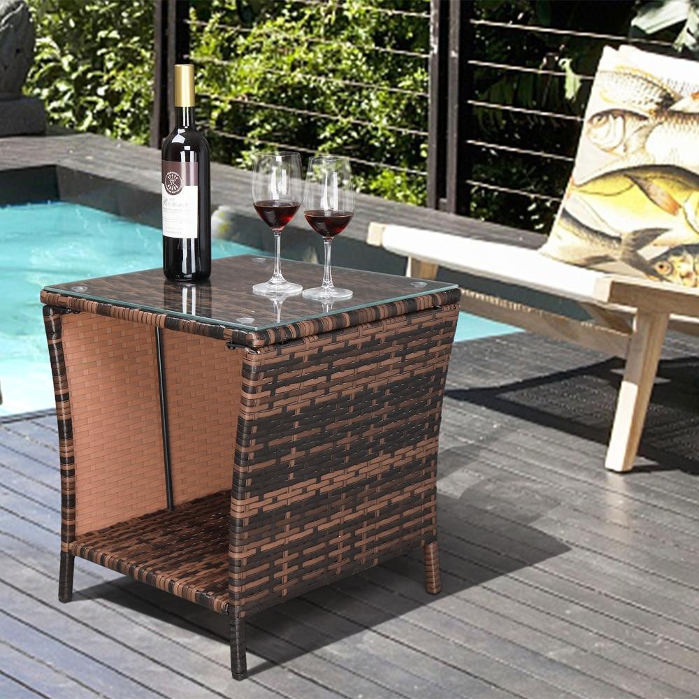 All-weather Square Wicker Rattan Side Tea Table Patio Furniture with Glass Top