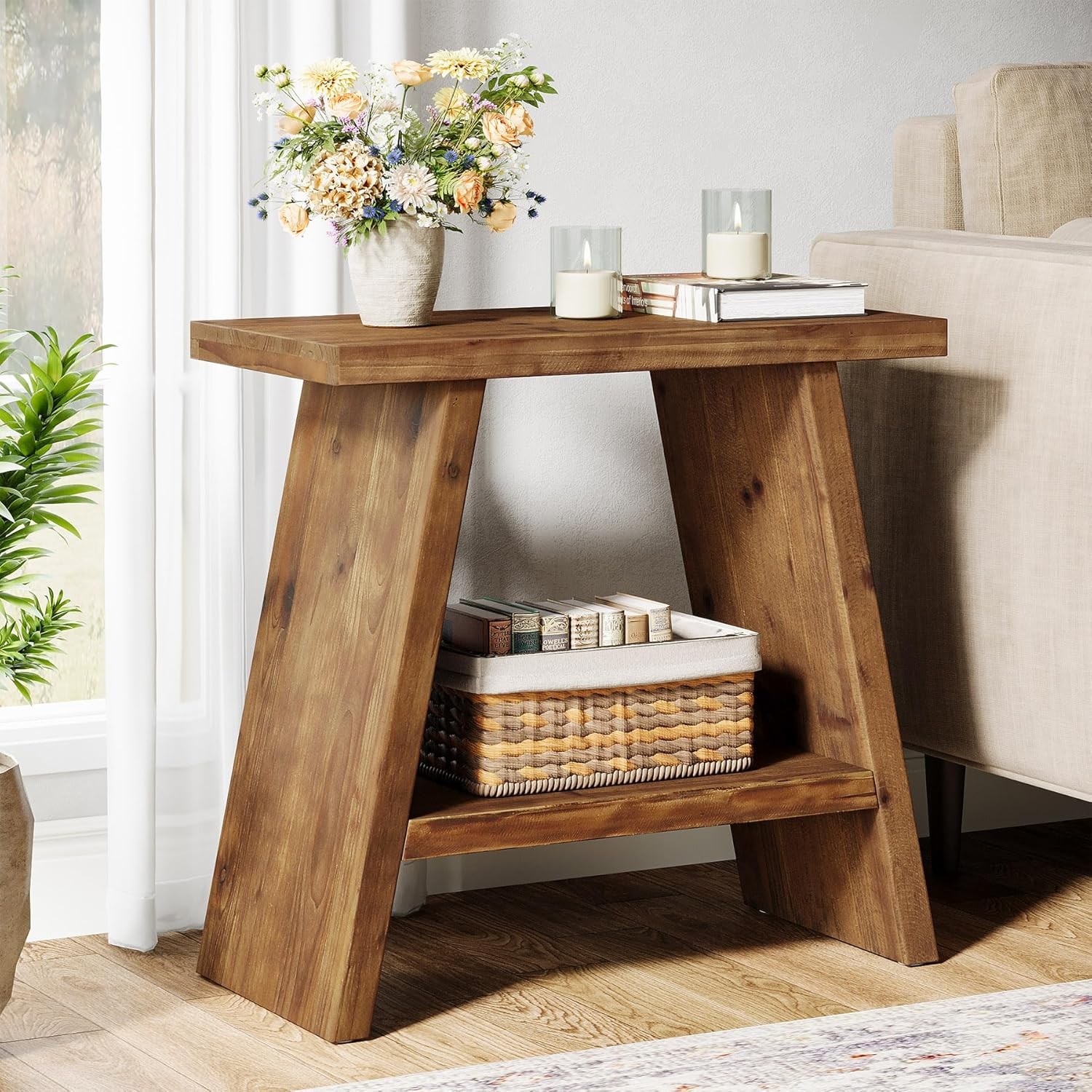 Solid Wood End Table for Living Room Narrow Small Side Table with 2-Tier Storage