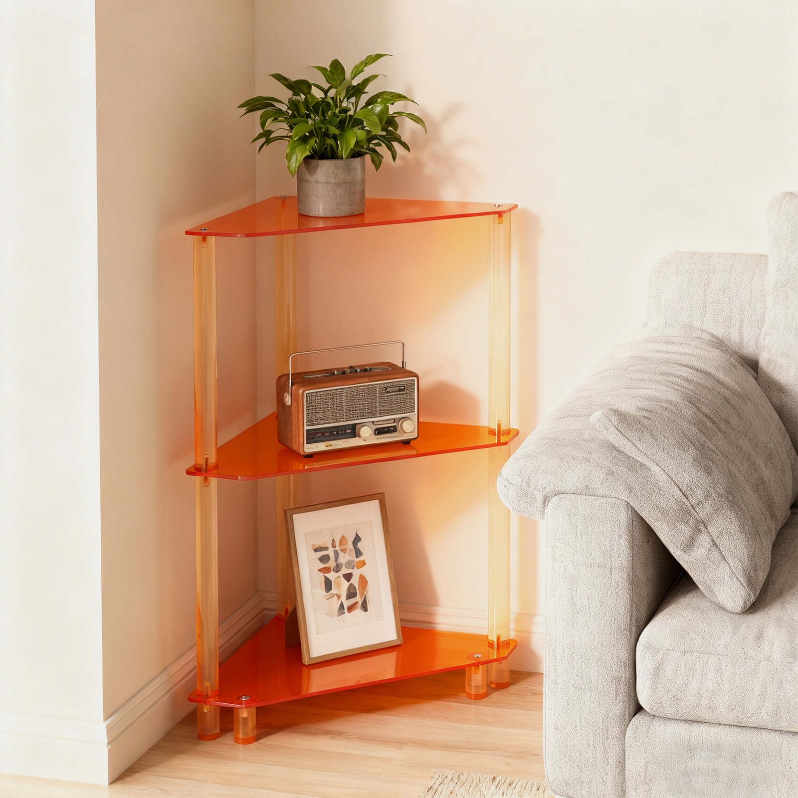 Triangle Orange End Table, 3 Tier Side Table For Living Room, Bedroom, Bathroom