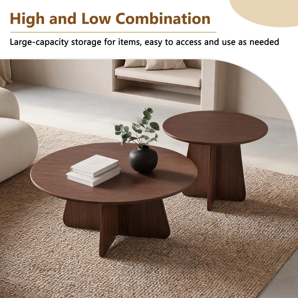 Retro Nesting Coffee Table Set, Round Side Tables with Wood Legs