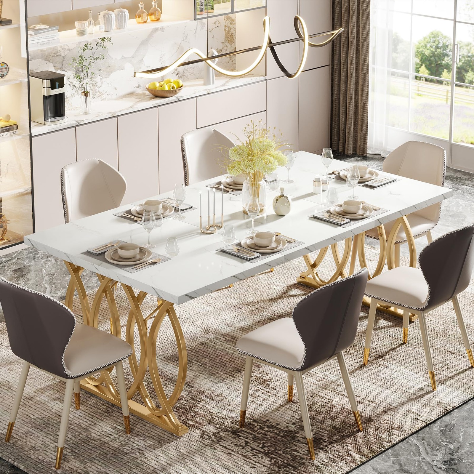 Modern Dining Table, 63″ Large Kitchen Table for 4-6 People, Unique Rectangul…
