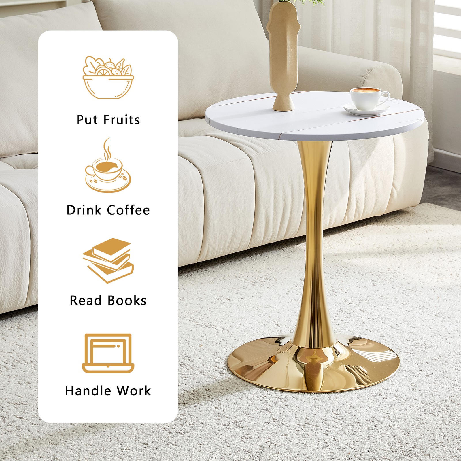 Round Tulip Dining Table 23.6″ White MDF Top Metal Pedestal Base