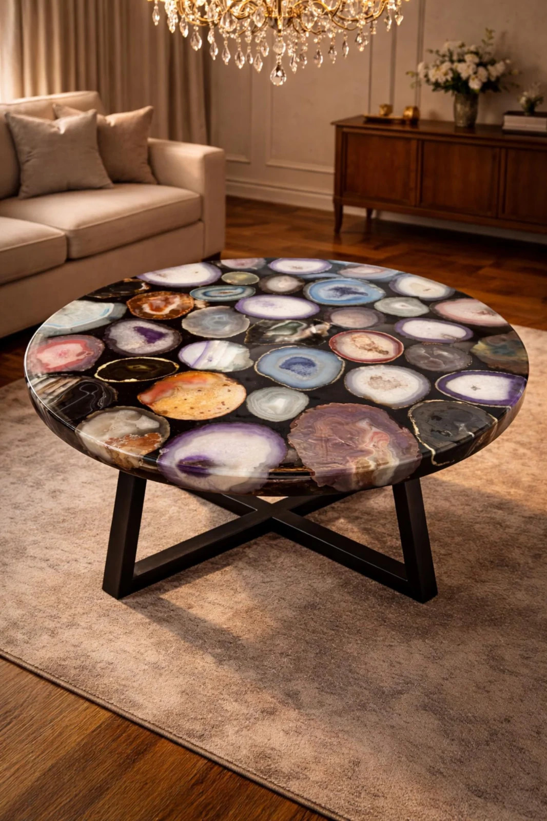 Handmade Wild Agate Round Table Top | Gemstone Centerpiece | Semi-Precious Stone
