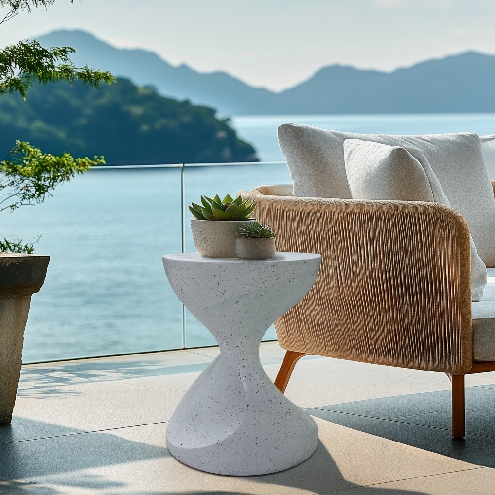 Side Table Modern Art Deco Indoor/Outdoor Accent Table Cream Terrazzo Finish