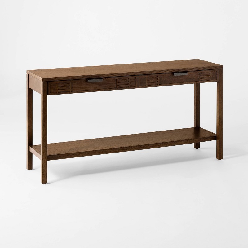 Dosinia 60″ Rectangular Console Table Brown 2 Drawers Lower Shelf Rubberwood