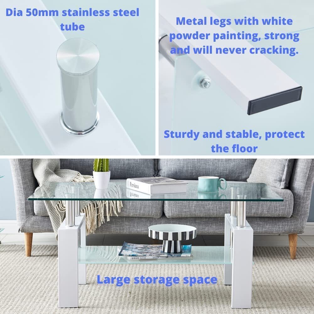 Modern Side Center Tables Rectangle Coffee Table Glass Living Room With Shelf
