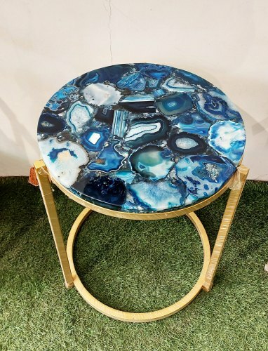 12″ Blue Agate table Top Round Gemstones Agate Handmade home Room decor