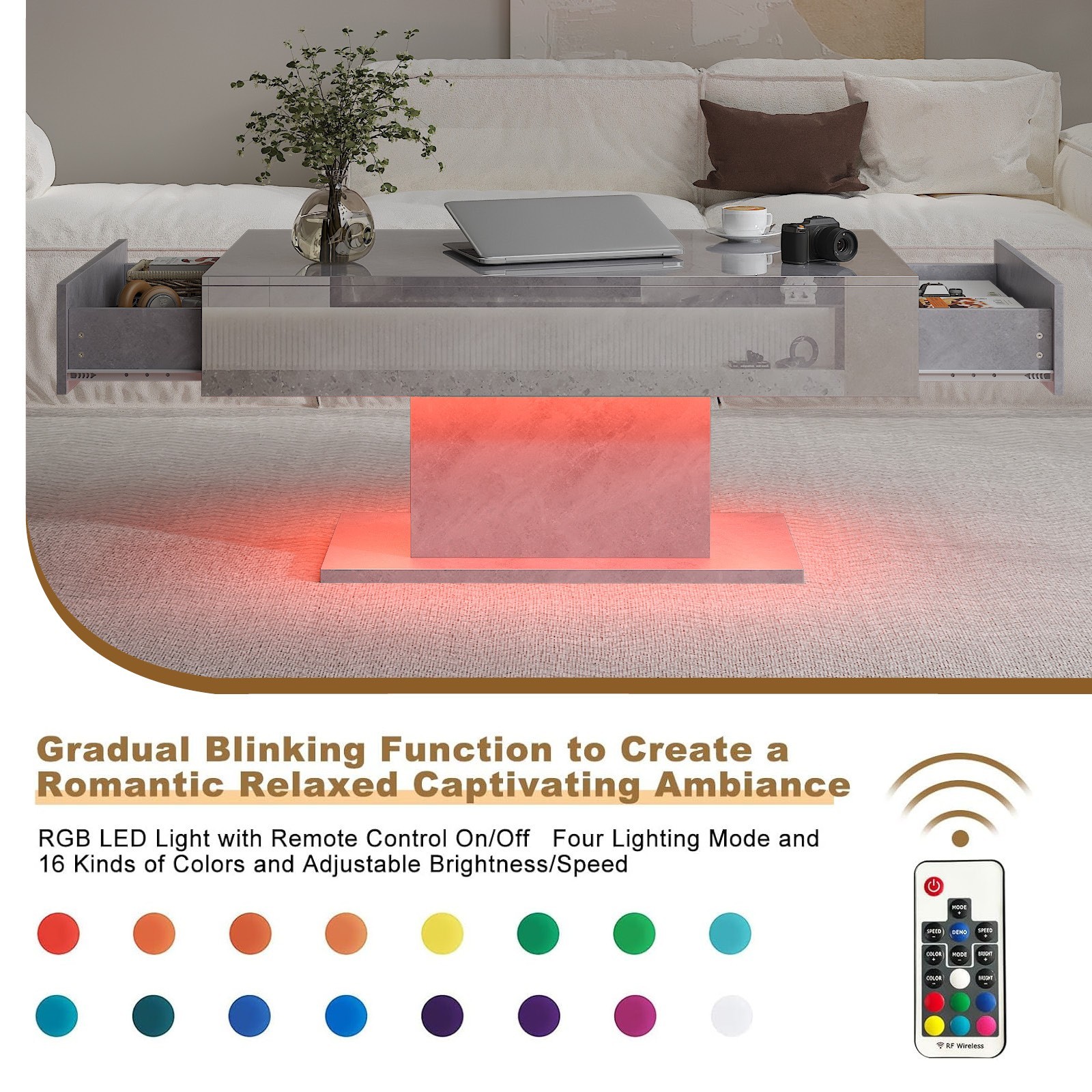 High Glossy Led Coffee Table with 2 Storage Drawers for Living Room Center Table