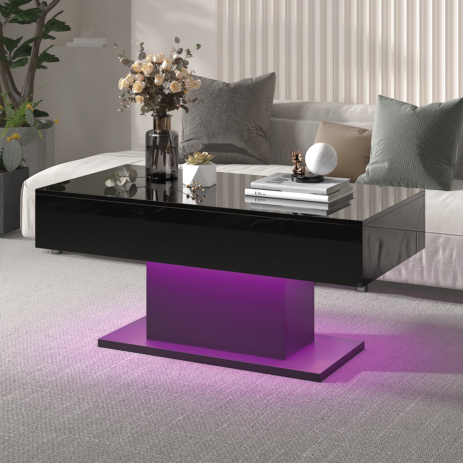 High Glossy Led Coffee Table with 2 Storage Drawers for Living Room Center Table