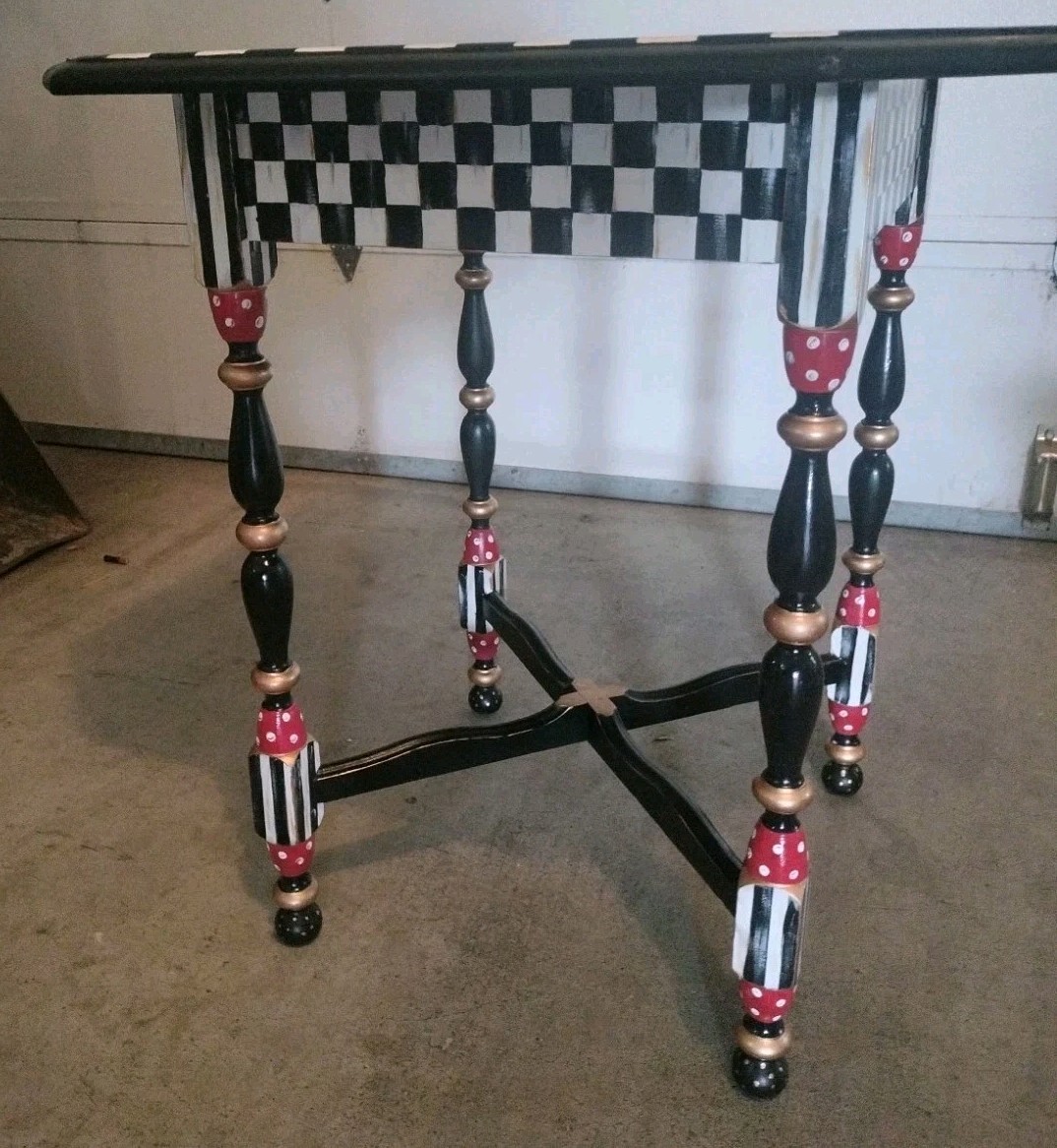 Whimsical Black & White Checked Side Table 28x28x30″ Gold Red Hand Painted By Me
