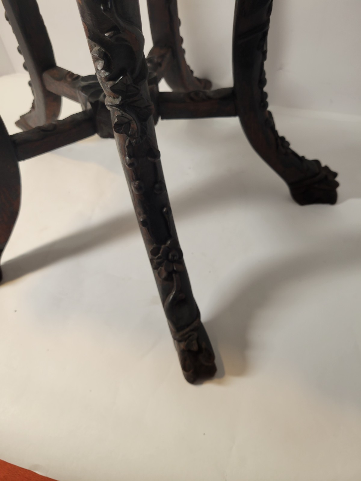 Dark Brown Wood Asian Carved Floral Hexagonal Pedestal Accent Table 14″ H
