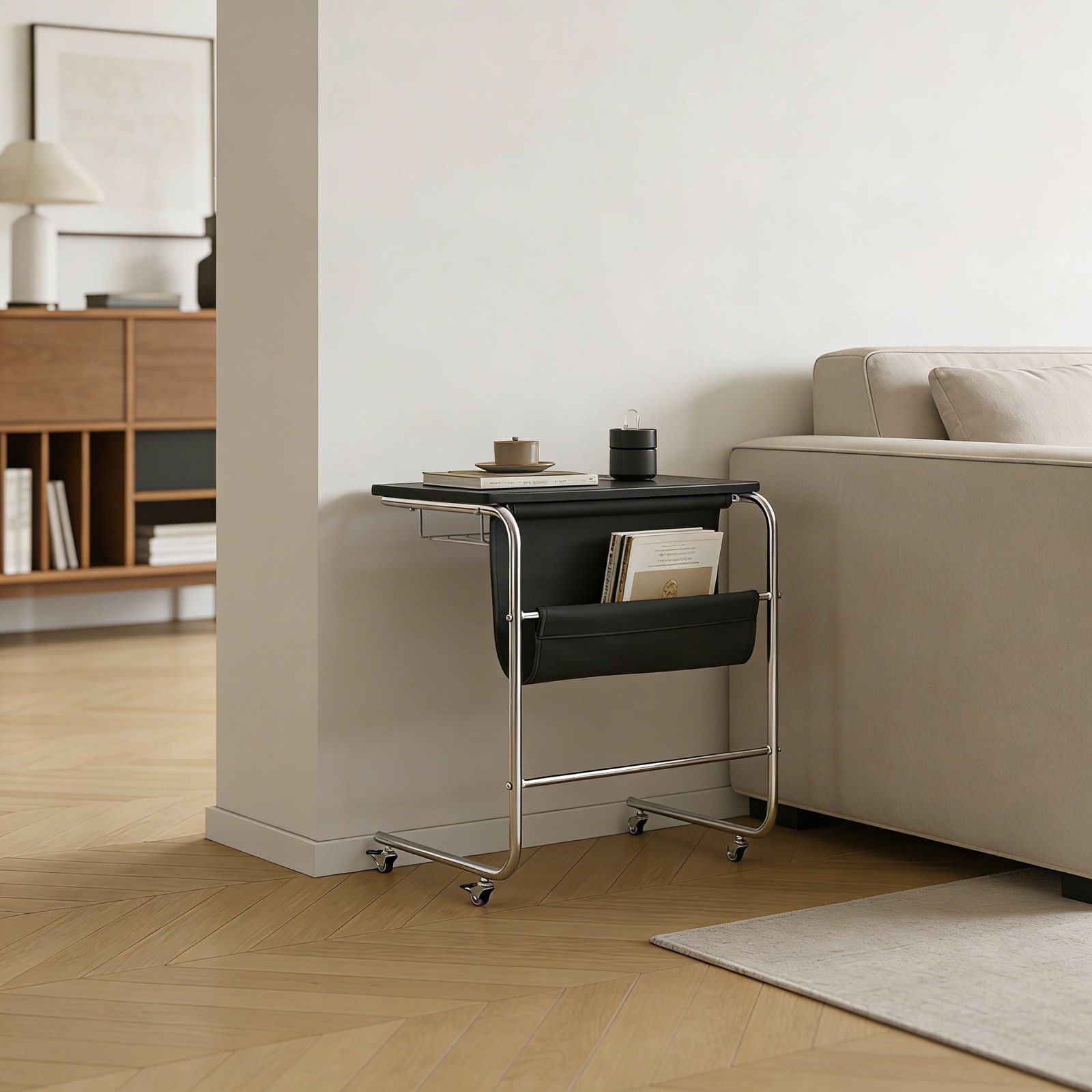 Sofa Side Table,Black C-Shaped End Table with Universal Wheels,cafes End Table