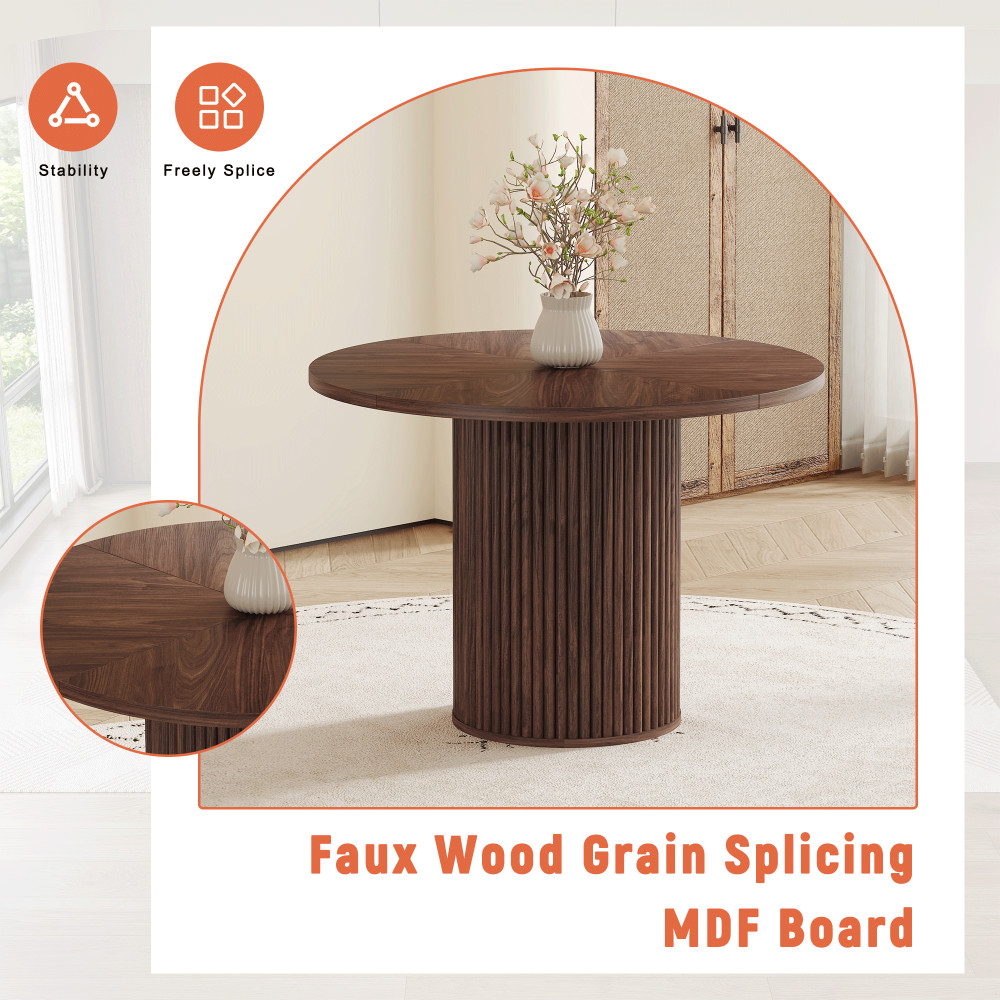 A modern spliced circular dining table with a diameter of 42 inches