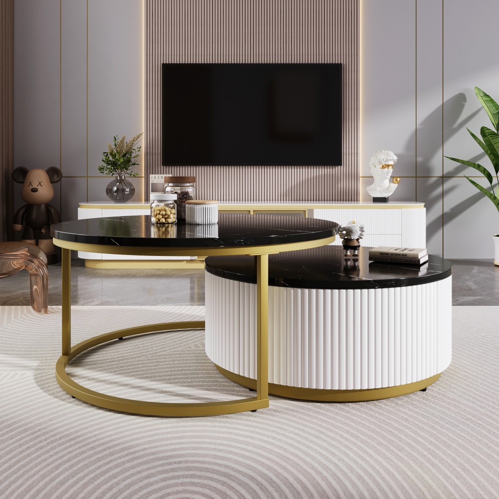 Round Nesting Coffee Table with Grooved Drawers