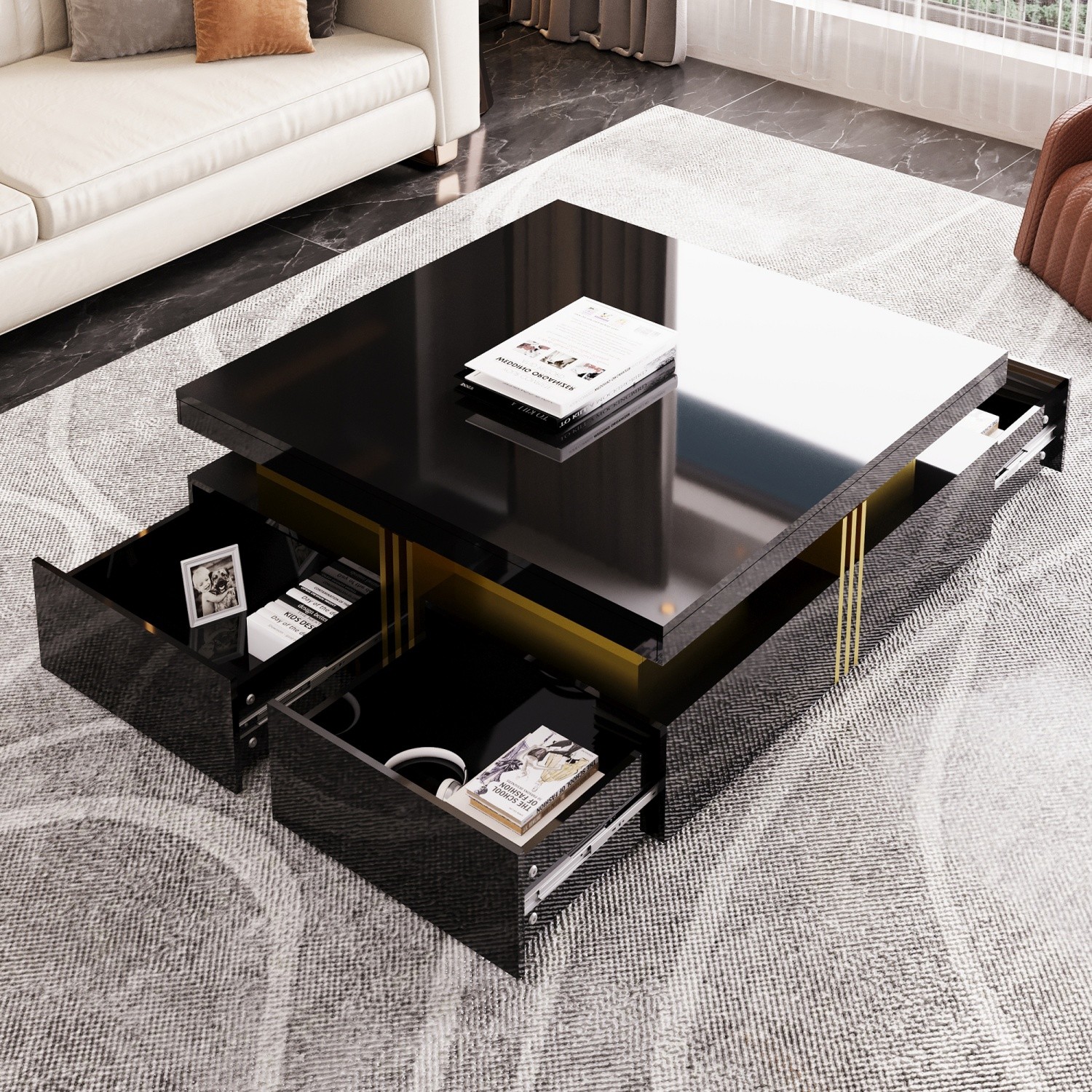 Modern Glossy Square Coffee Table End Table w/ 4 Storage Drawers for Living Room