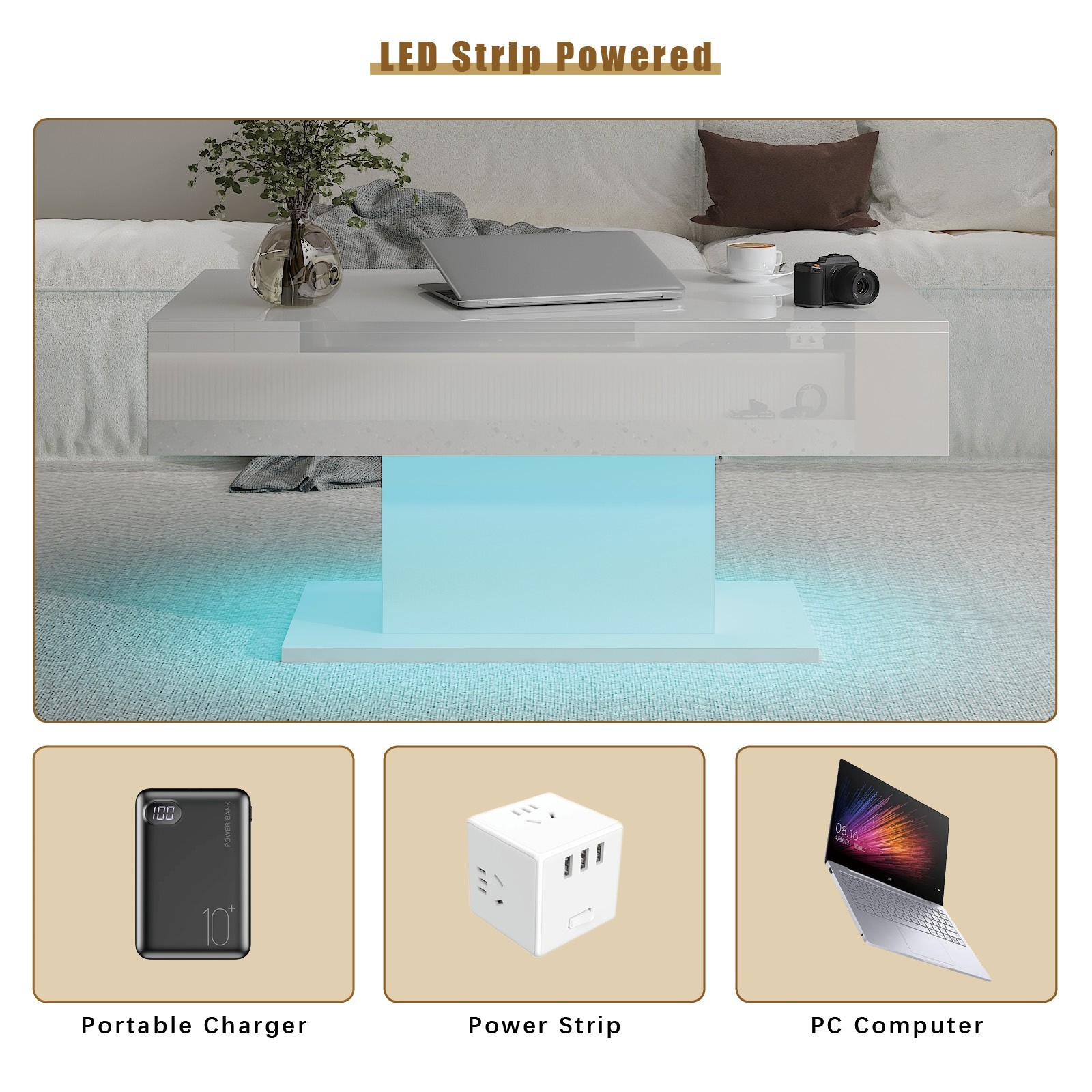 High Glossy Led Coffee Table with 2 Storage Drawers for Living Room Center Table