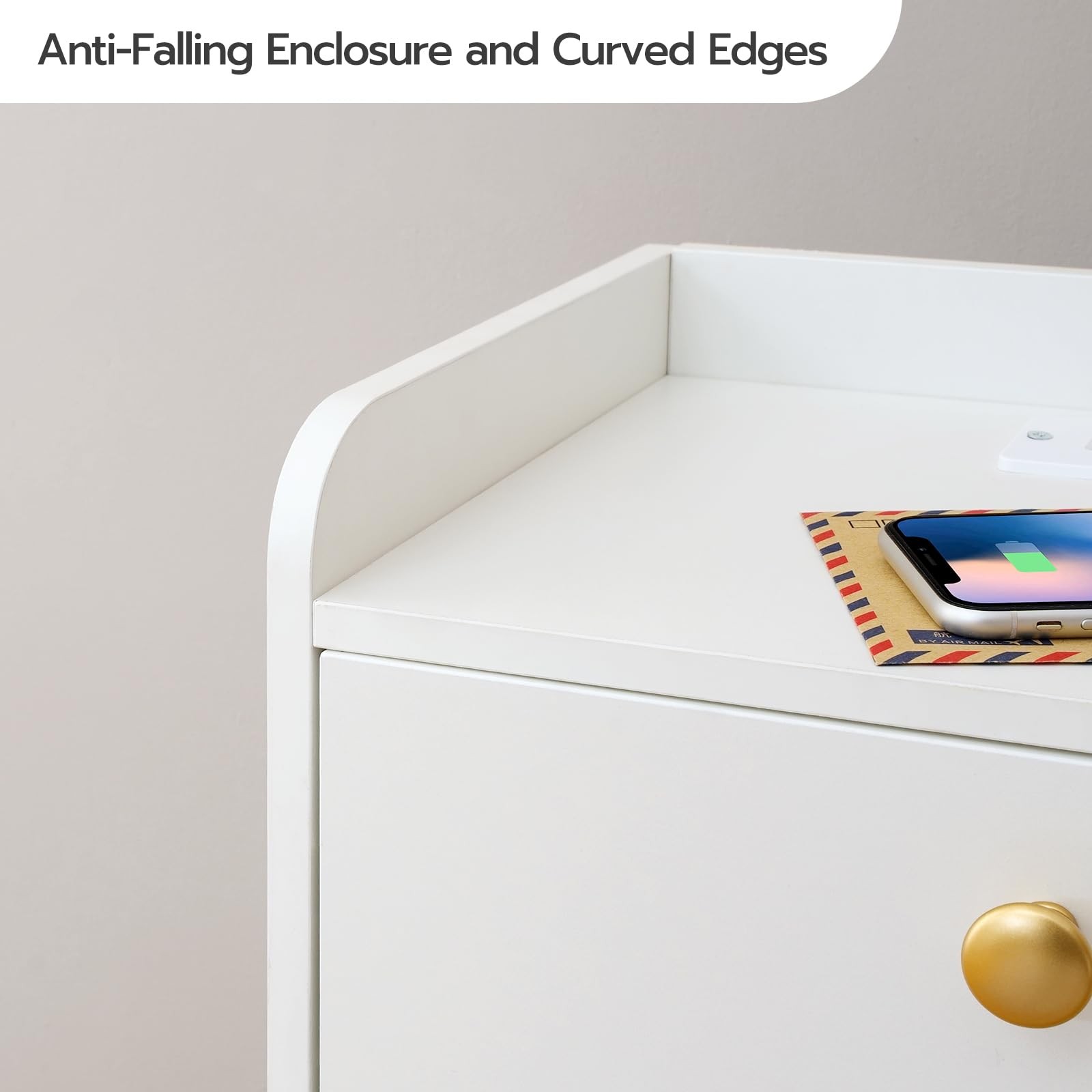 White Nightstand with Charging Station, Modern End Table with 2 Drawers, Styl…