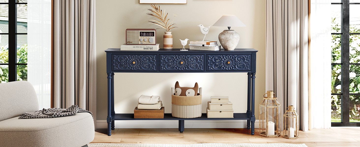 55.5″ Carved Console Table with 3 Drawers, 2-Tier Sofa Table with Glossy Floral