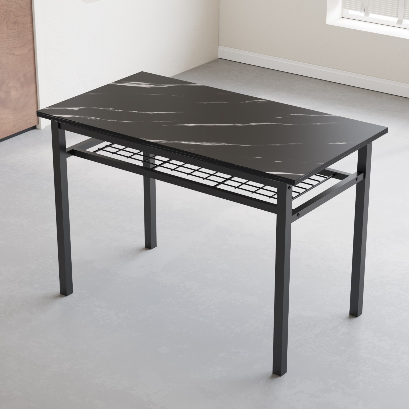 Black Marble 2 Tiers Rectangular Dining Table MDF Top Metal Frame Dining Room