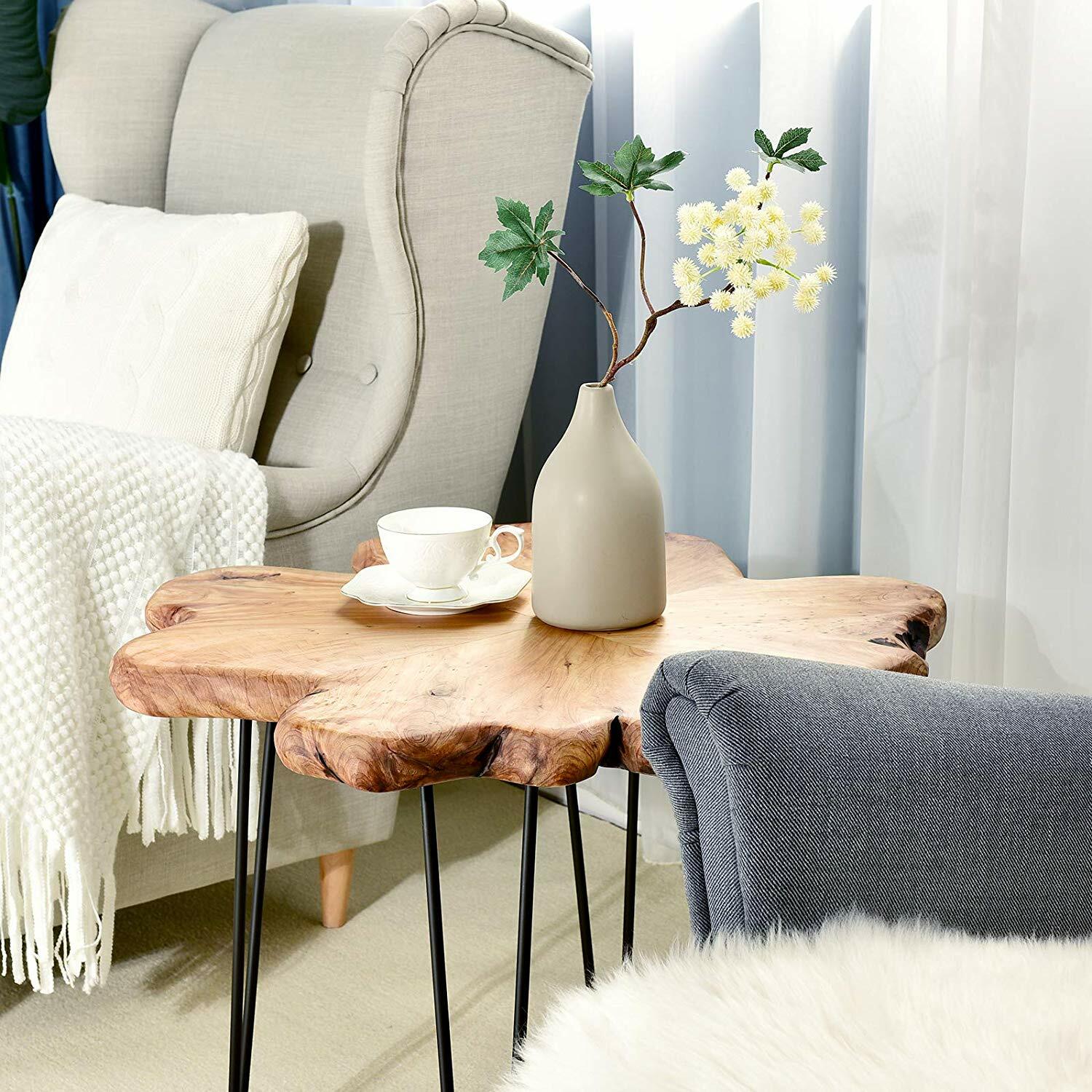 Natural Cedar Wood Slice Slab Coffee Table Live Edge, Hairpin Legs Heavy & Thick