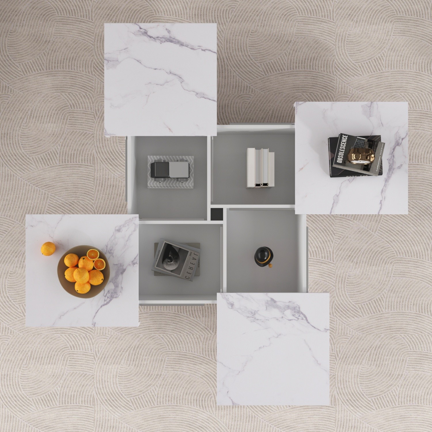 Modern Square Cocktail Coffee Table w/ White Marble Sliding Top & Hidden Storage