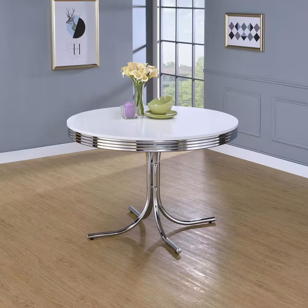 Retro Glossy White and Chrome Wood Top round Pedestal Dining Table Seats 4