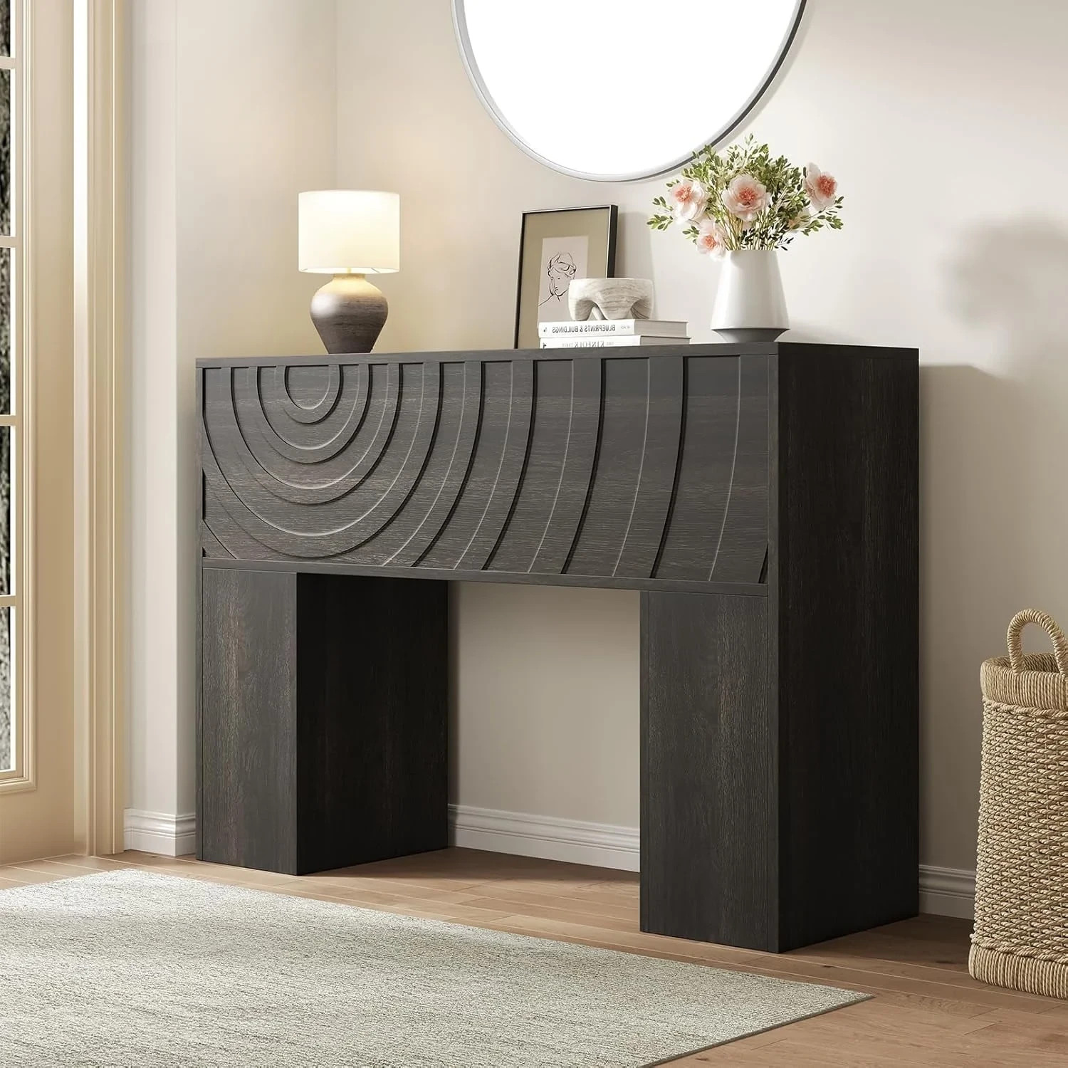 43″W Farmhouse Wood Console Table with Unique Carved Design for Entryway Black