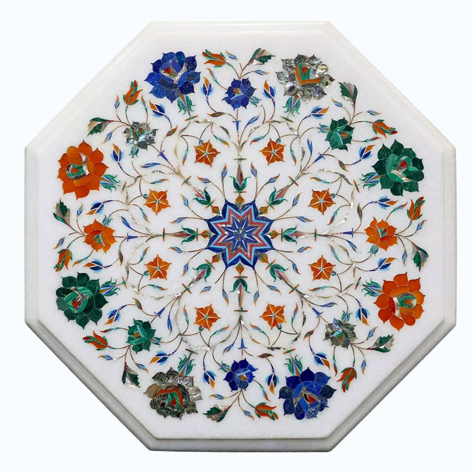 Multicolor Gemstone Inlay Work End Table Top White Marble Coffee Table