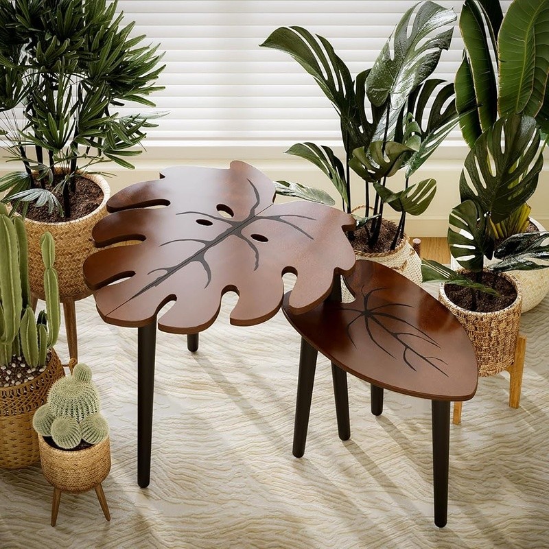 Fun Leaf Design Nesting Coffee Tables Space Saving Lightweight Unique Home Decor