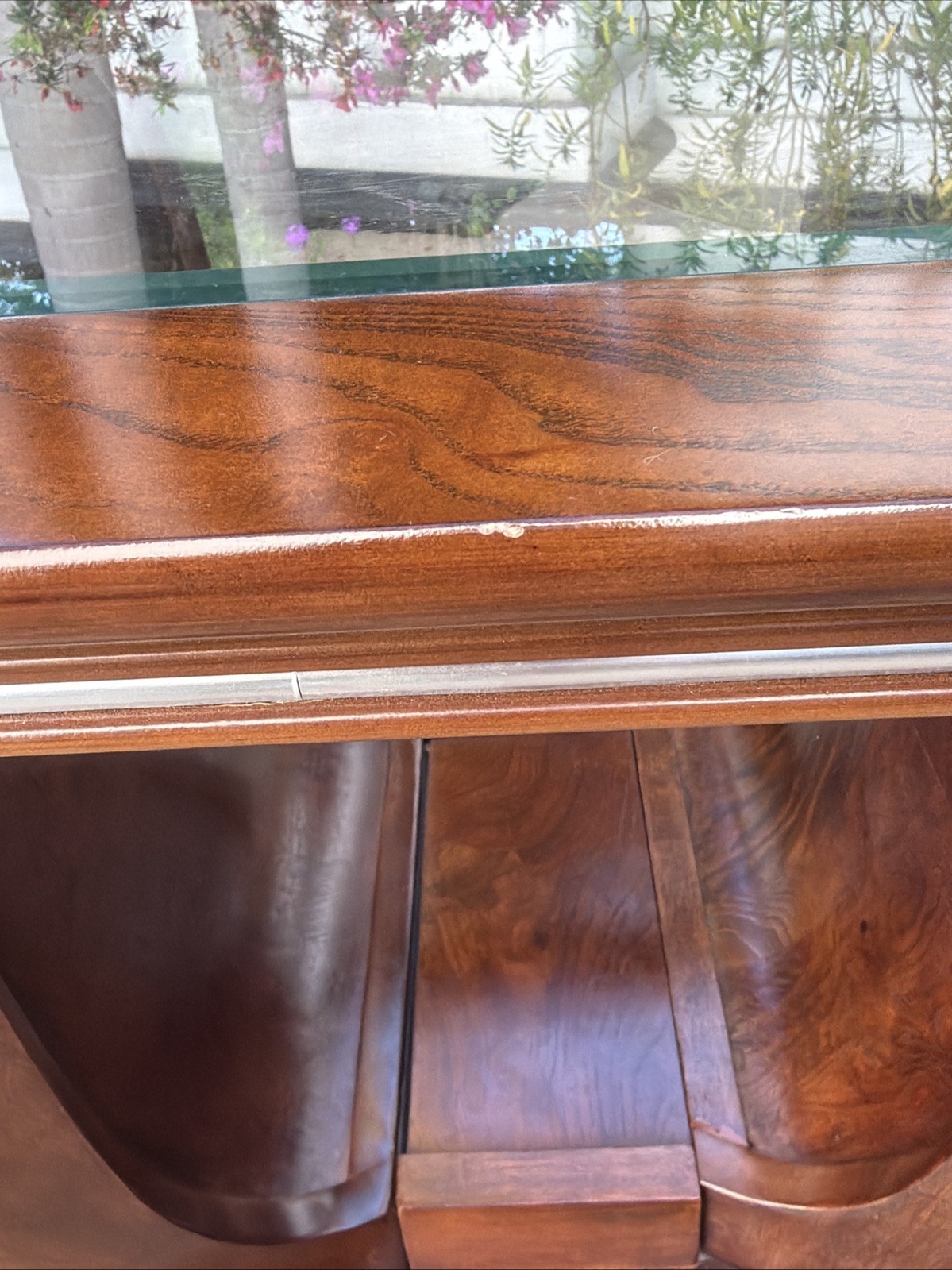 1 LARGE TULIP SHAPED GLASS TOP ELM WOOD SIDE END TABLE WITH HIDDEN BASE STORAGE