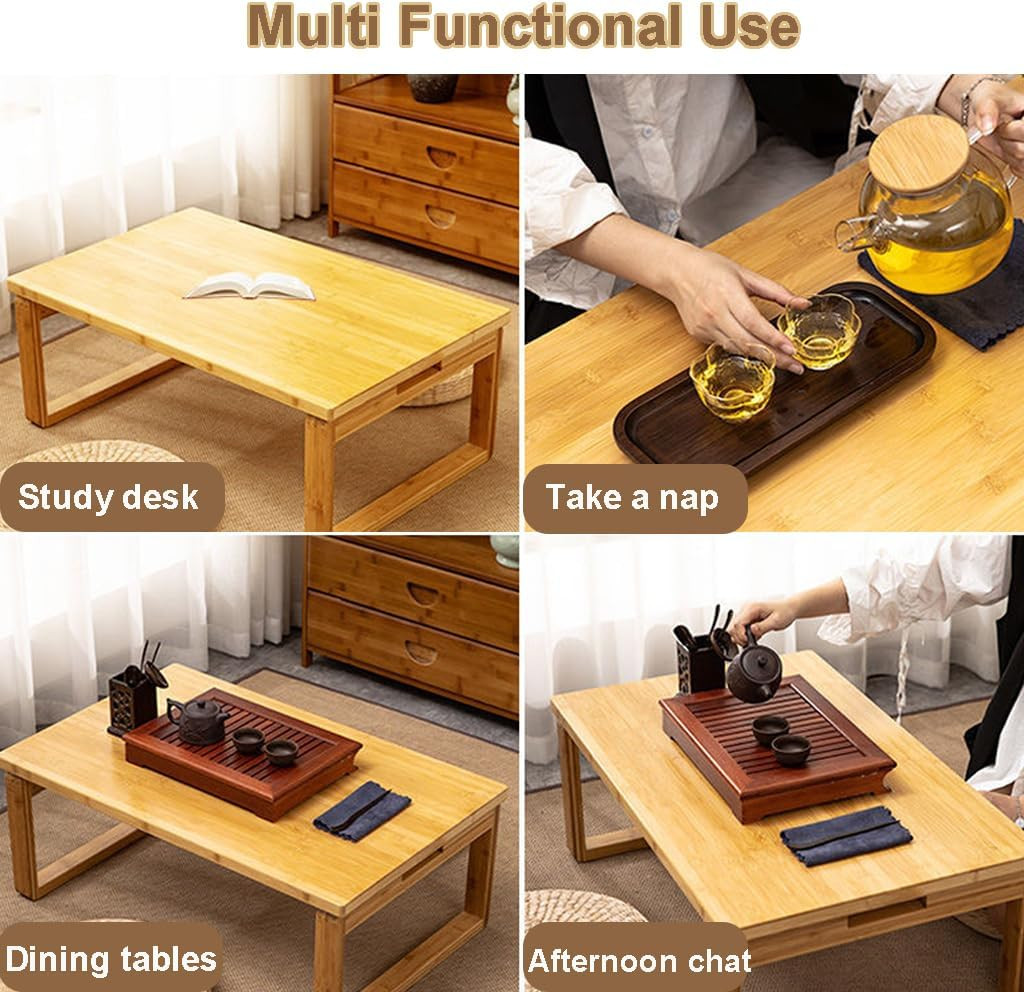 Portable Rectangle Foldable Coffee Table – Japanese Low Bamboo Table for Sitting