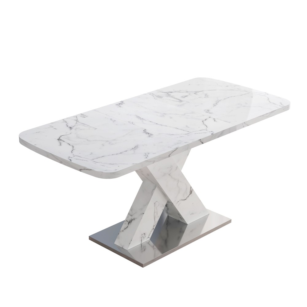 Modern Extending Rectangle Dining Table, Printed White Marble Top, MDF X-Legs