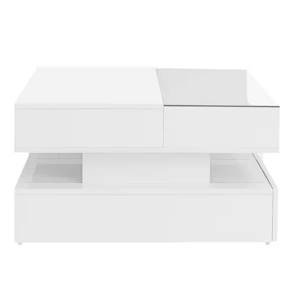 29.5 In. White Lift-Top Square Glass Top Coffee Table with 2 Drawers, High-Gloss