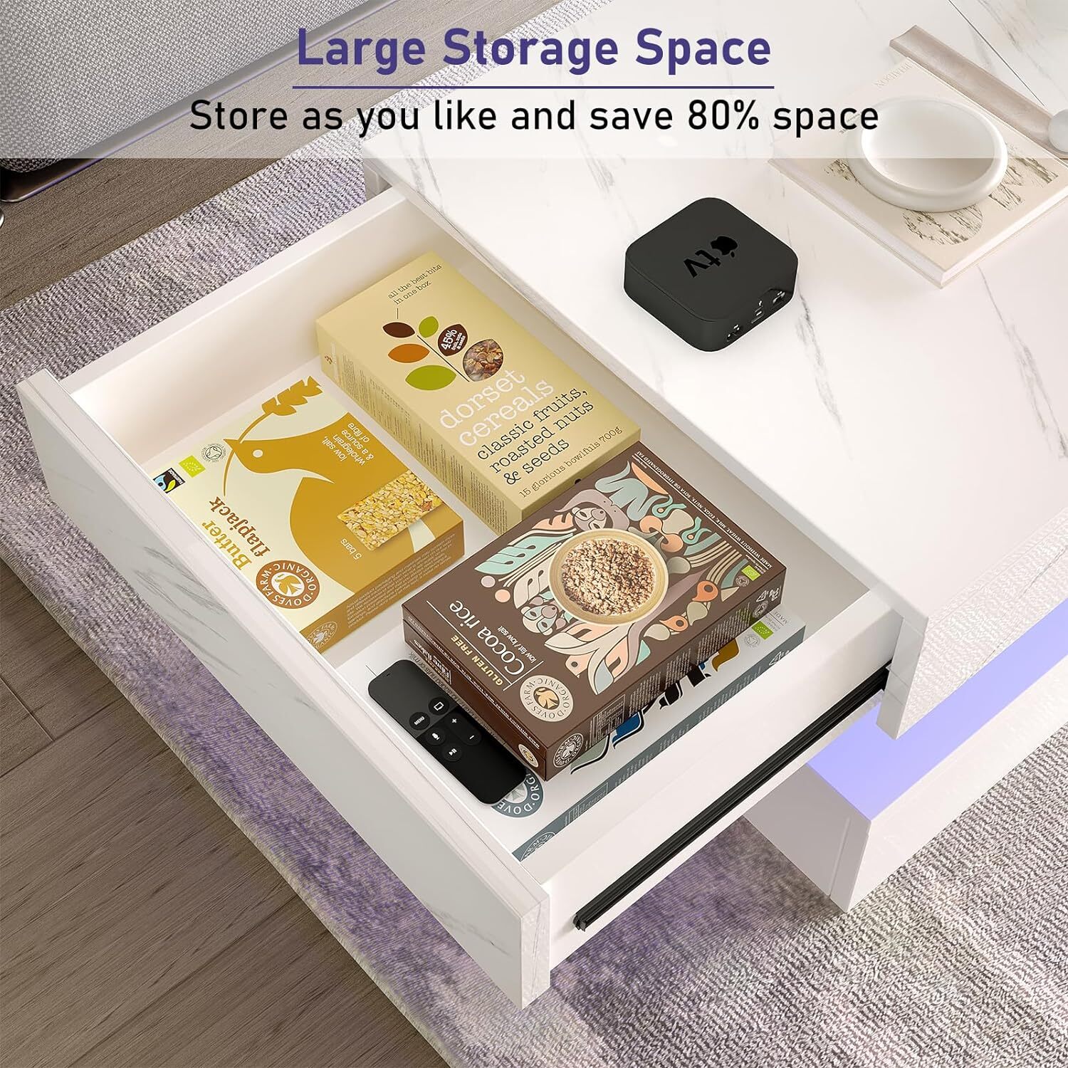 47.3″ Modern High Glossy LED Coffee Table with 2 Storage Drawers, APP LED Lights