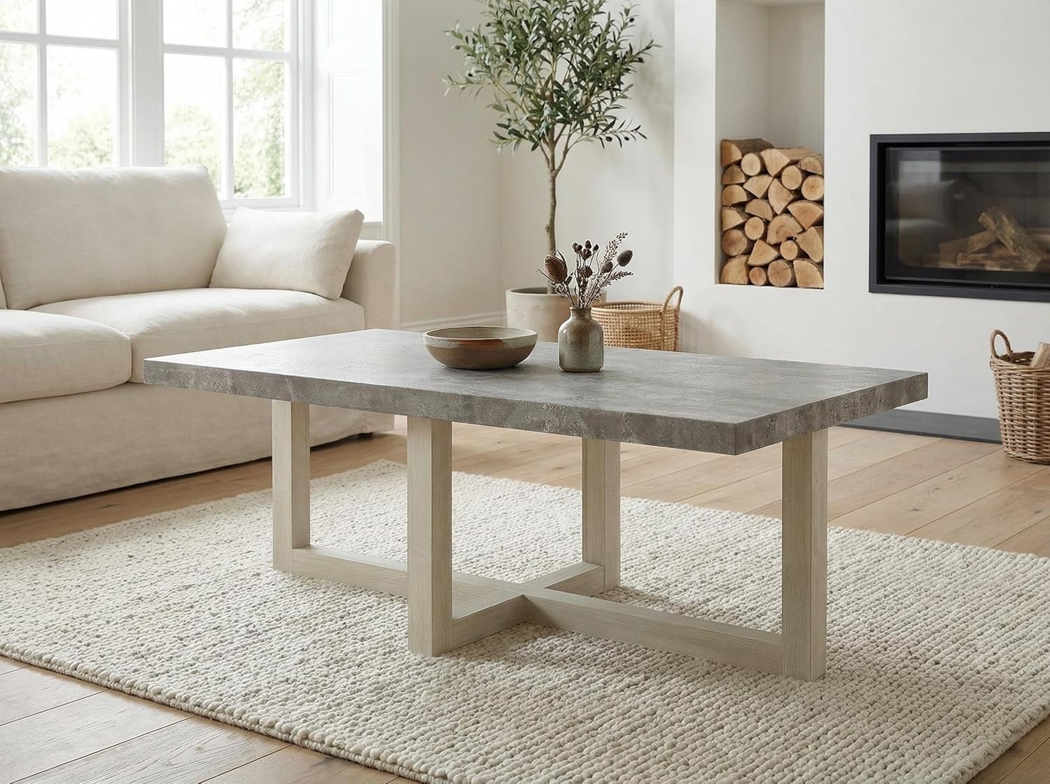 Faux Concrete & White Contemporary Coffee Table Single Piece Stylish Modern