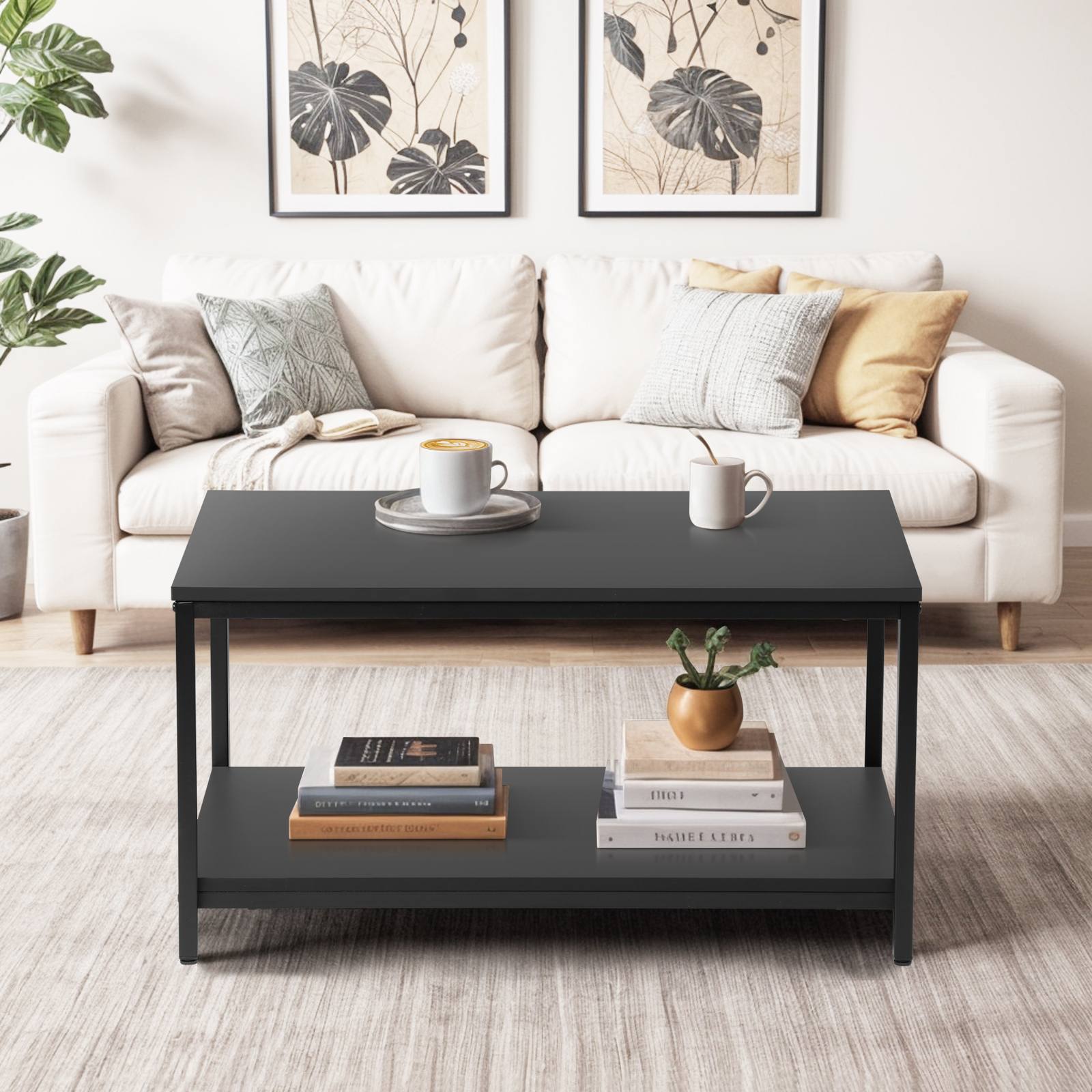 Coffee Table Storage Shelf with Metal Feet Retro Style Living Room Coffee Table