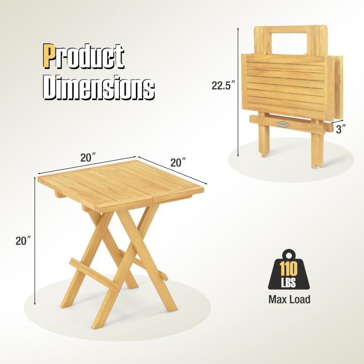 Teak Folding Side Table 20x20x20in with X-Shape Legs Slatted 110lb
