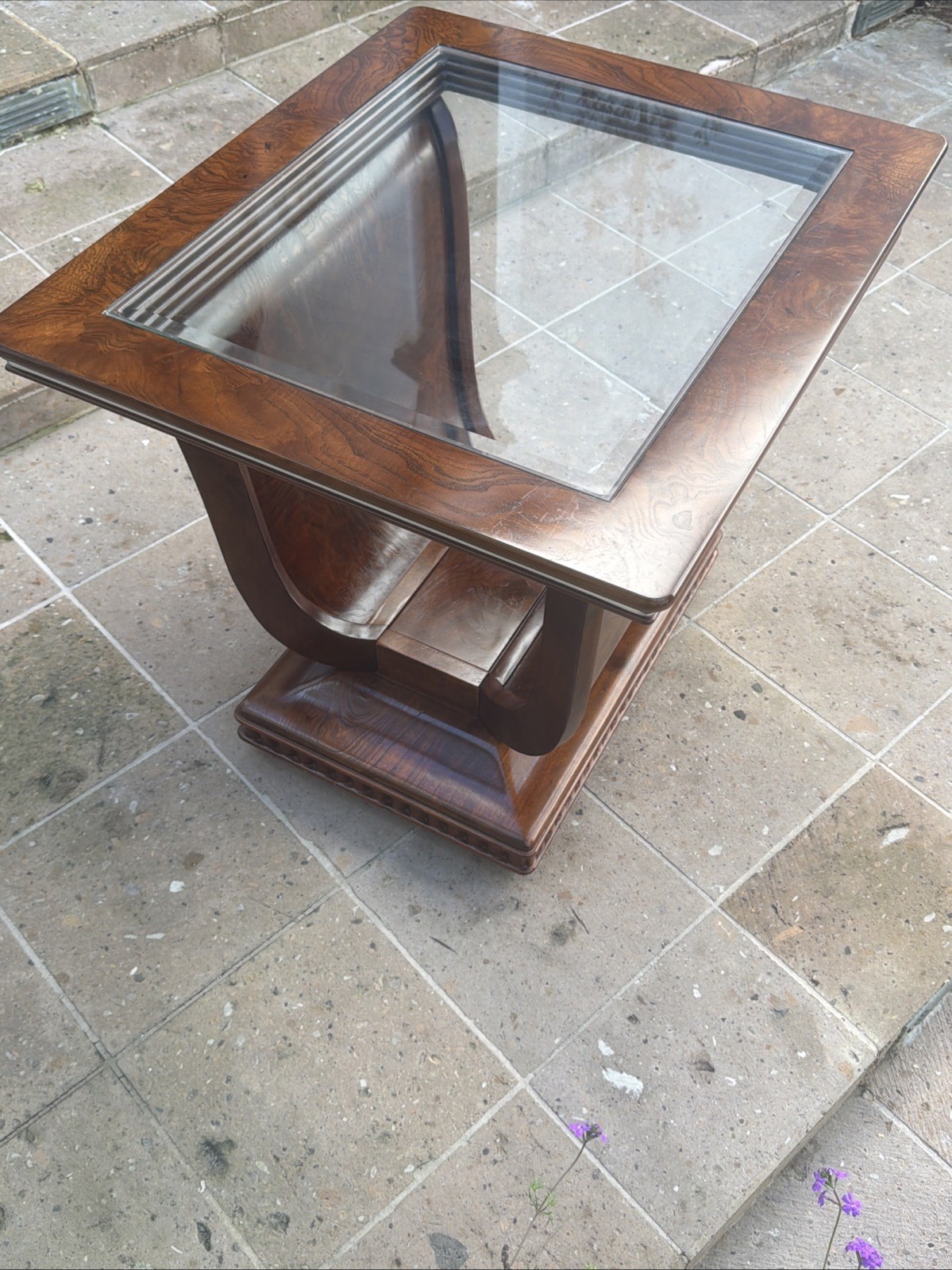 1 LARGE TULIP SHAPED GLASS TOP ELM WOOD SIDE END TABLE WITH HIDDEN BASE STORAGE