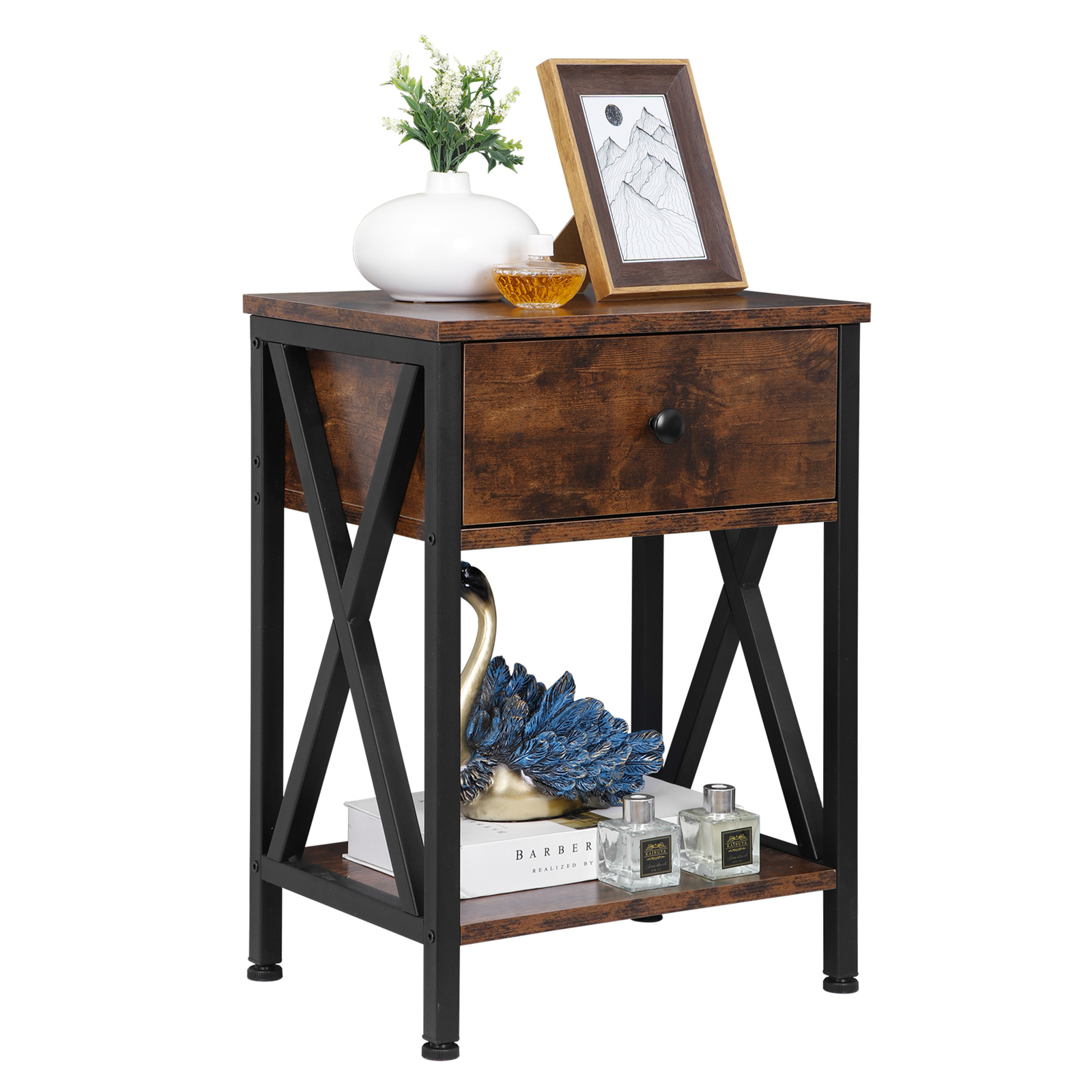 2 Pieces Home End Table Storage Display Metal Frame MDF Top with Drawer, Brown