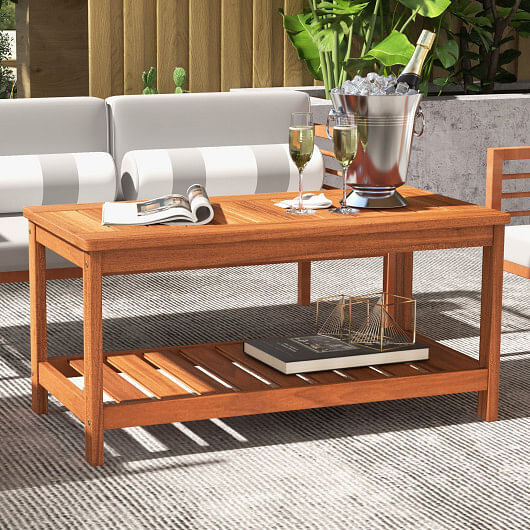 2-Tier Patio Coffee Table with Slatted Tabletop and Shelf – Color: Natural