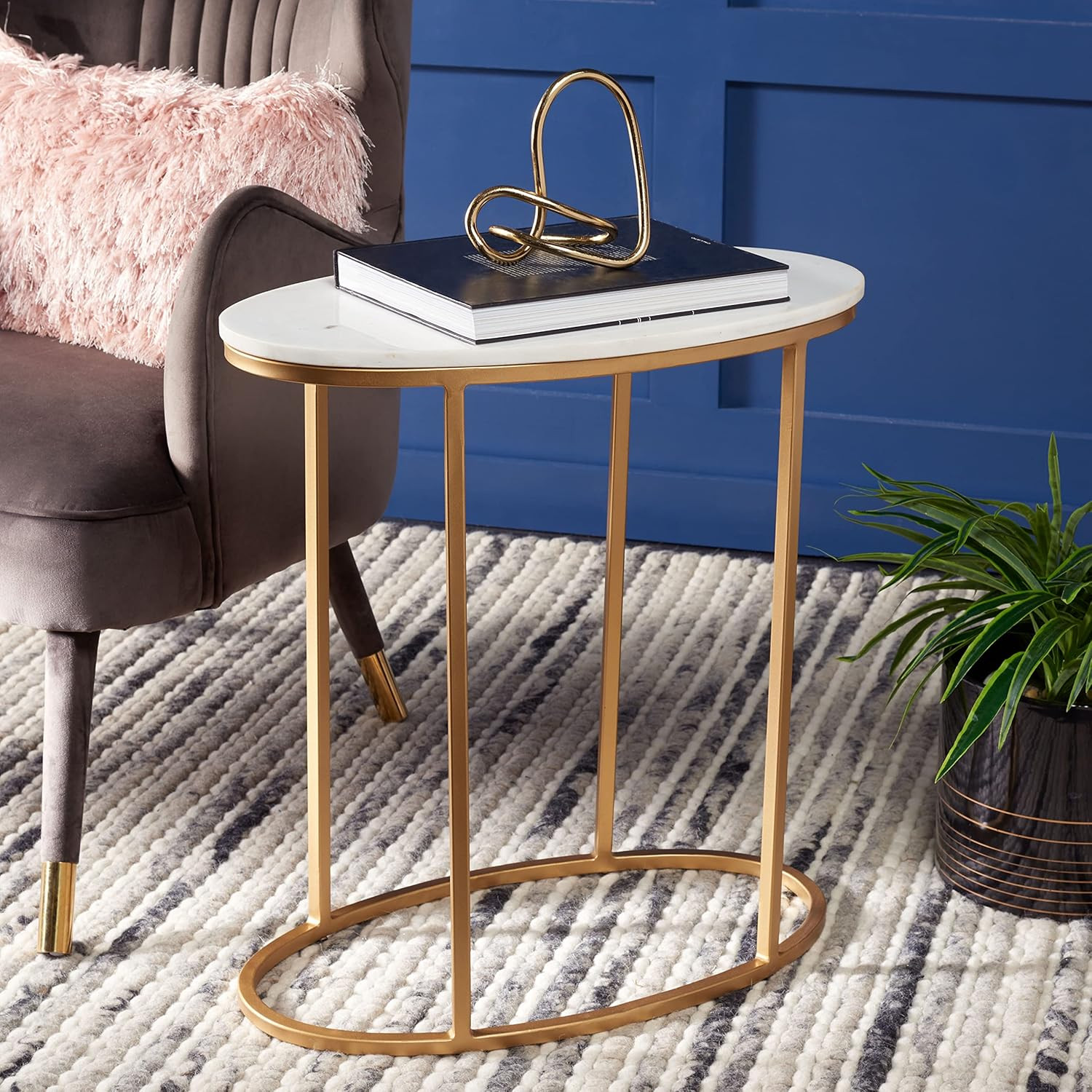 Elegant White Marble Oval Side Table with Gold Legs – Fully Assembled