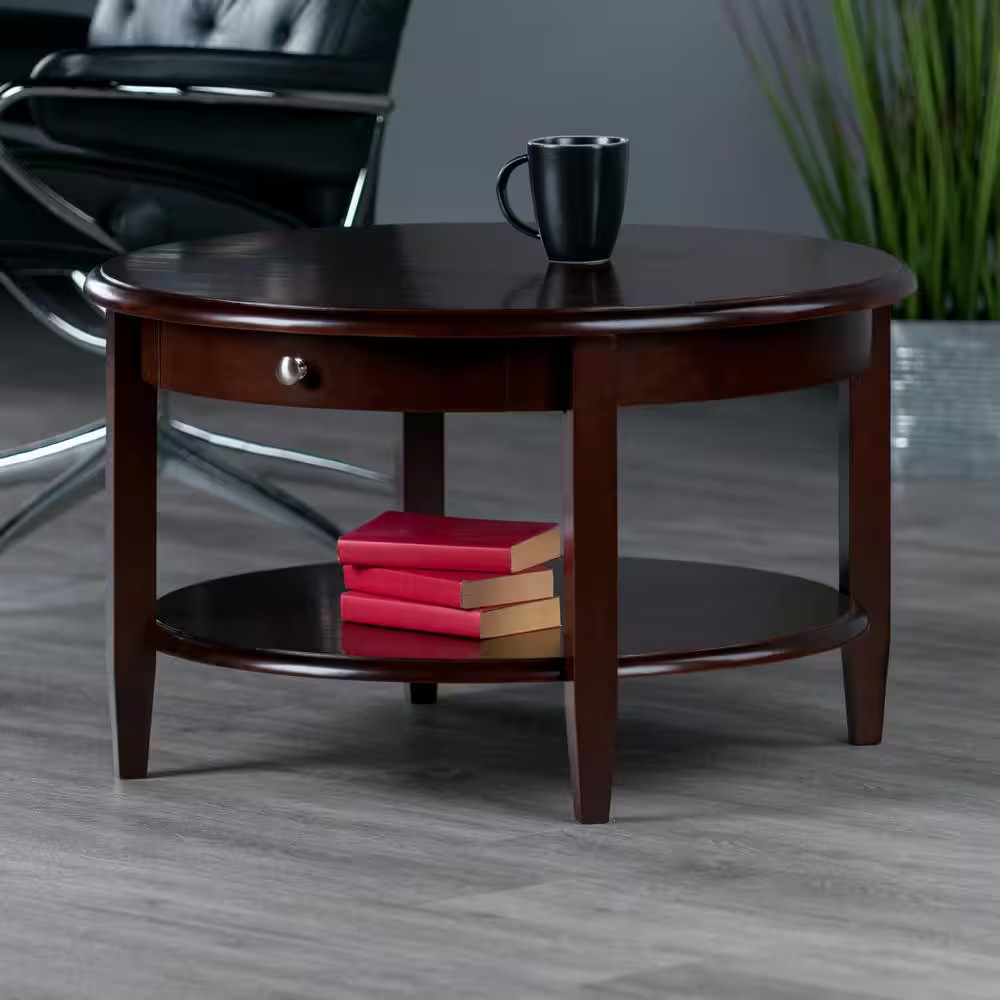 Concord 30 In. Walnut Medium round Wood Coffee Table with Drawers