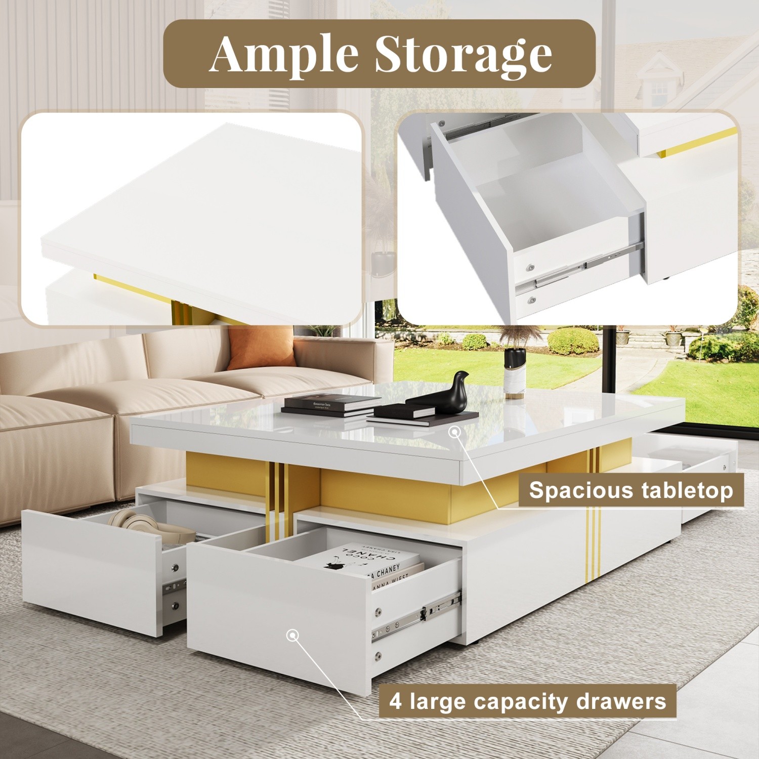 Modern Glossy Square Coffee Table End Table w/ 4 Storage Drawers for Living Room