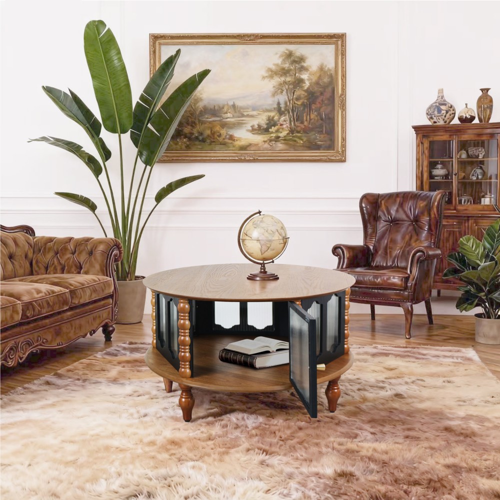 31.5 in Round Three-Door Storage Coffee Table Real Wood Veneer Coffee Table