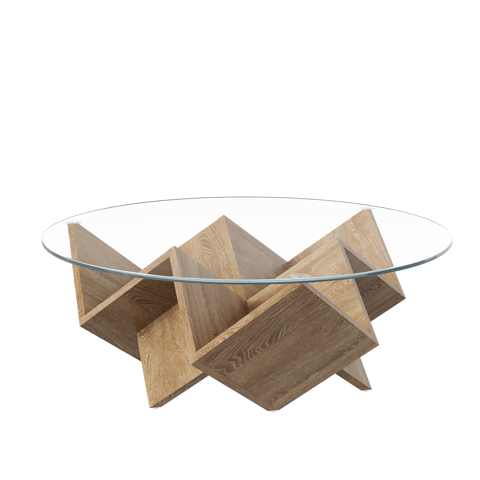 Modern Round Coffee Table with Tempered Glass Top and Geometric Art Deco Storage