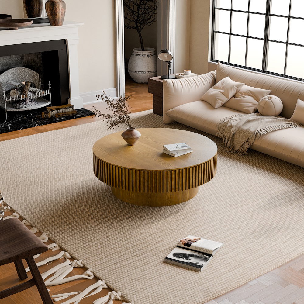 39.37″ Brown Round Coffee Table w/ Storage, Solid Wood Veneer, Modern