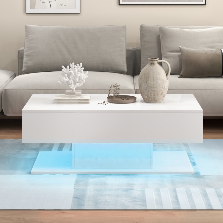 LED Coffee Table with 20 Color Lights, 2 Drawers, High-Gloss Finish