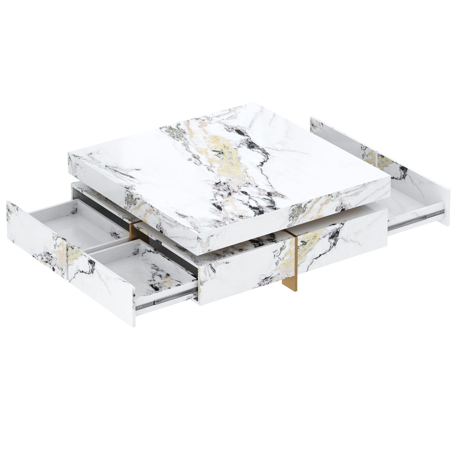 Modern White Square Marble Coffee Table with 4 Drawers, 43.3″